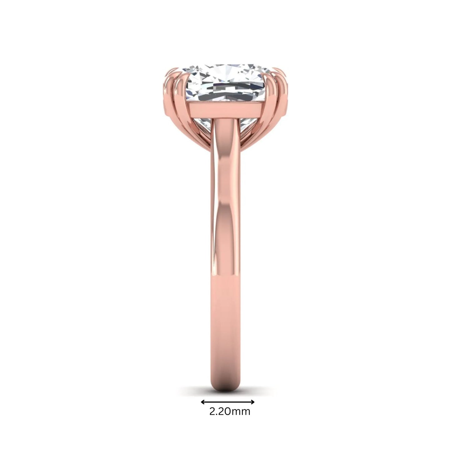 Cushion cut lab grown diamond solitaire engagement ring with classic prong setting and rose gold tone shown for design reference.