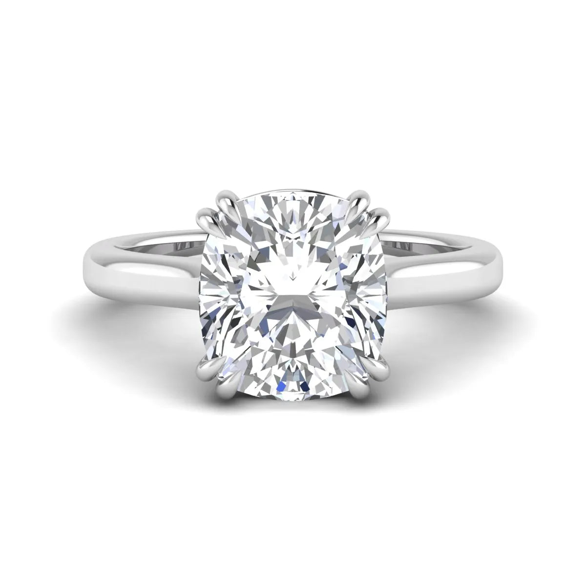 Cushion cut lab grown diamond solitaire engagement ring with classic prong setting and white gold tone shown for design reference.
