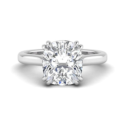 Cushion cut lab grown diamond solitaire engagement ring with classic prong setting and white gold tone shown for design reference.