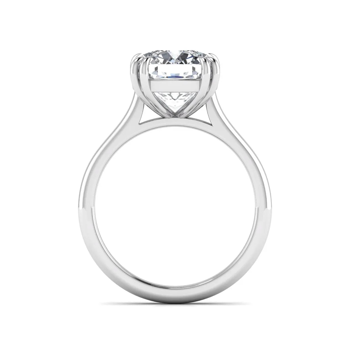 Cushion cut lab grown diamond solitaire engagement ring with classic prong setting and white gold tone shown for design reference.