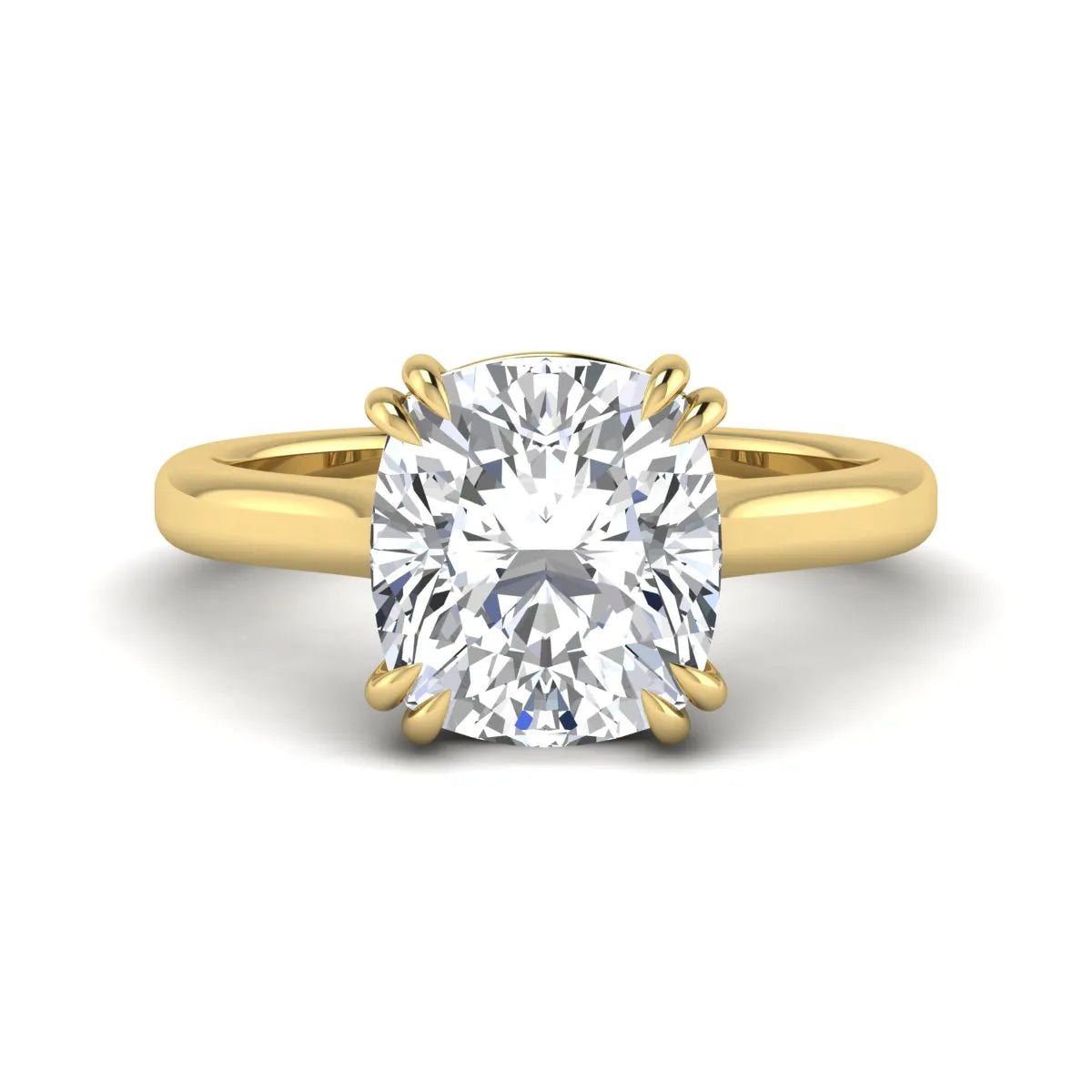 Cushion cut lab grown diamond solitaire engagement ring with classic prong setting and yellow gold tone shown for design reference.