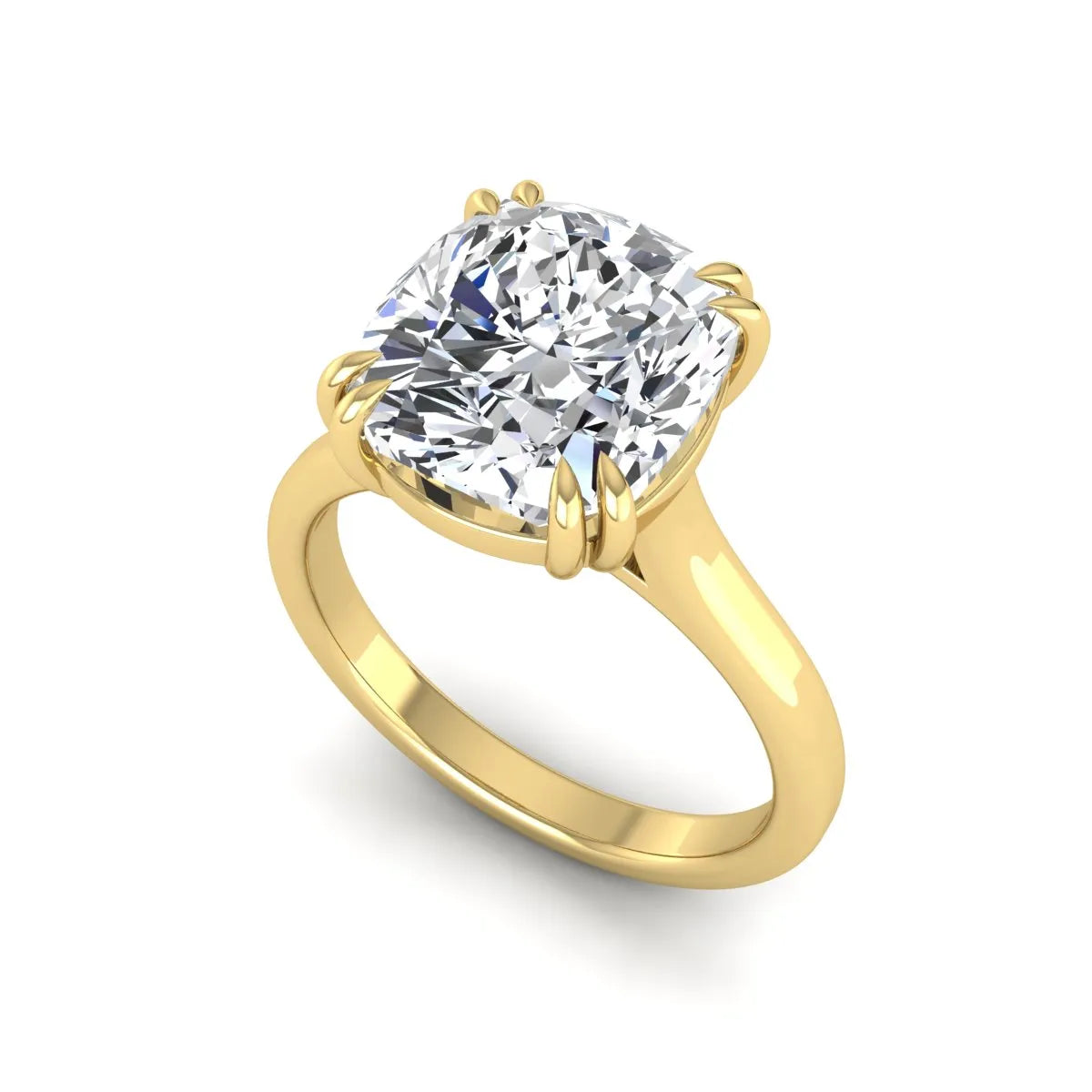 Cushion cut lab grown diamond solitaire engagement ring with classic prong setting and yellow gold tone shown for design reference.