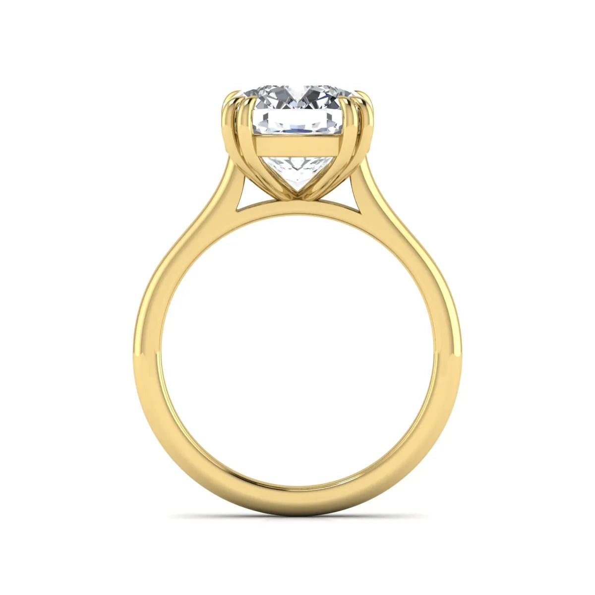 Cushion cut lab grown diamond solitaire engagement ring with classic prong setting and yellow gold tone shown for design reference.