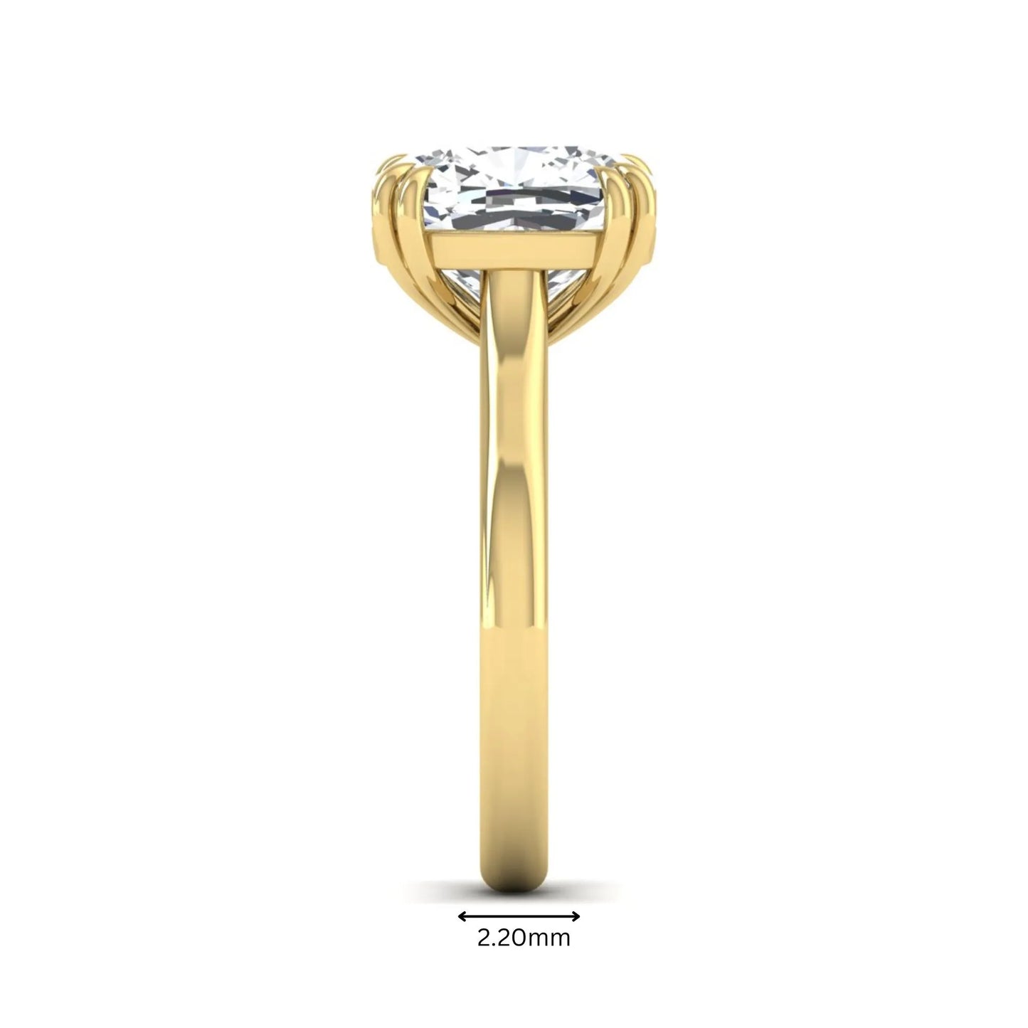 Cushion cut lab grown diamond solitaire engagement ring with classic prong setting and yellow gold tone shown for design reference.