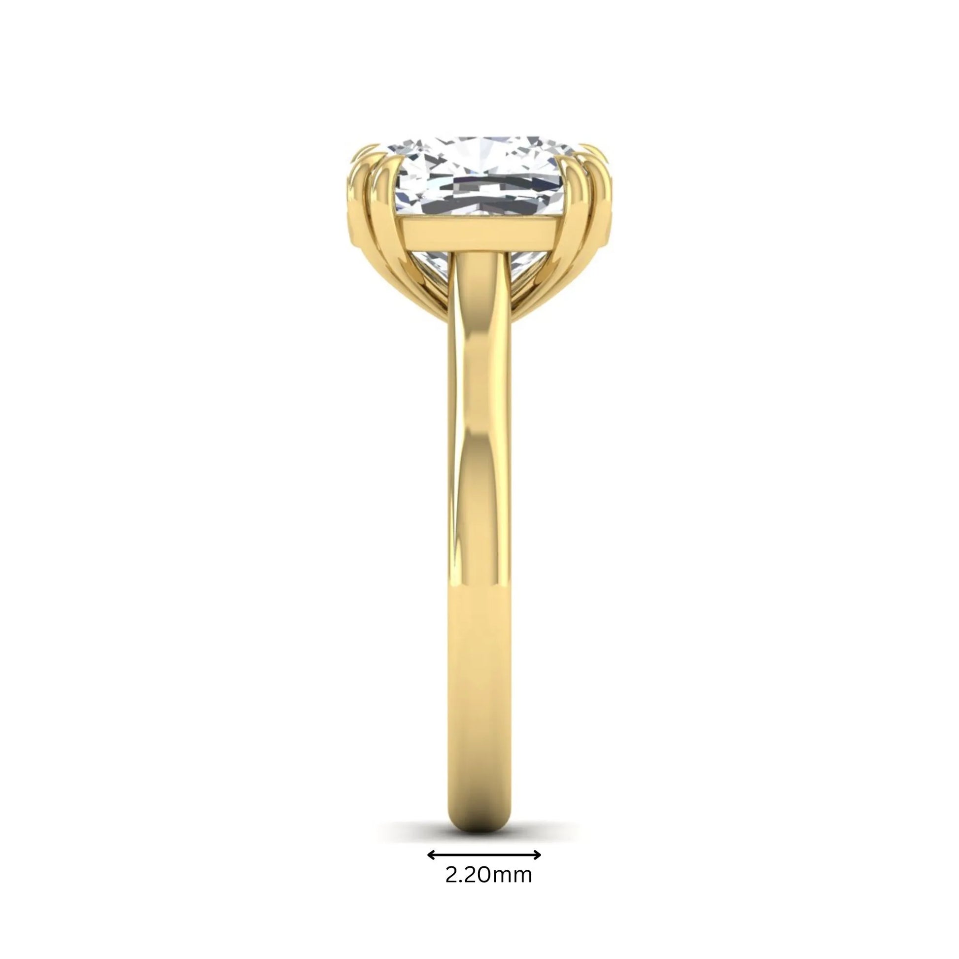 Cushion cut lab grown diamond solitaire engagement ring with classic prong setting and yellow gold tone shown for design reference.