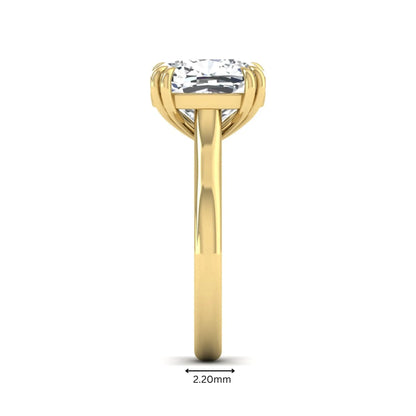 Cushion cut lab grown diamond solitaire engagement ring with classic prong setting and yellow gold tone shown for design reference.