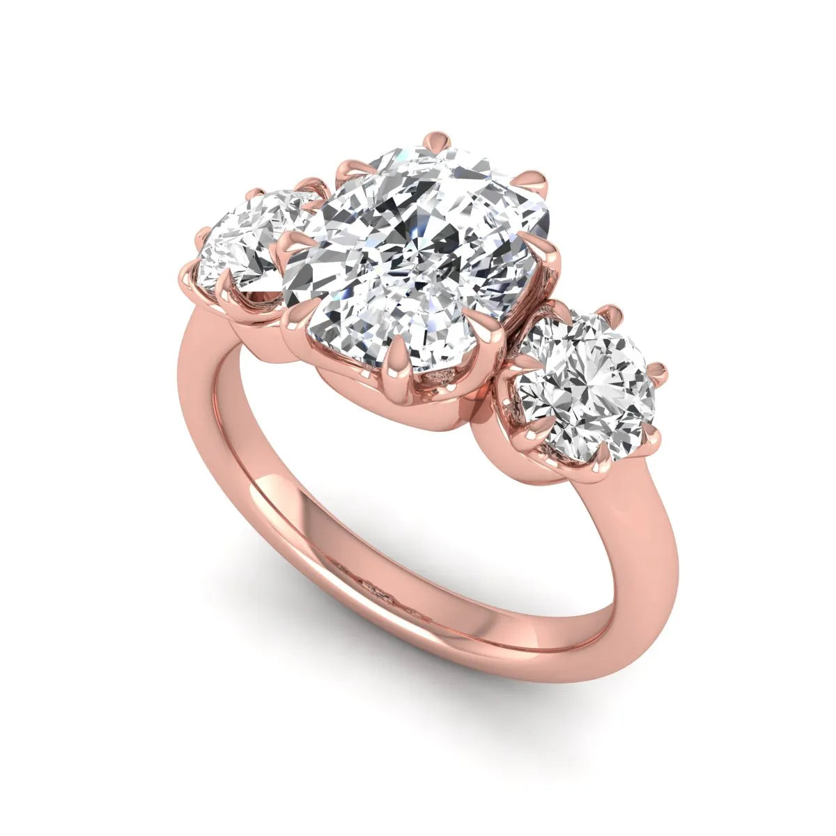 Cushion & Round Three Stone Lab Grown Diamond Engagement Ring featuring a 9.00 × 7.00 mm IGI Certified cushion-cut center diamond with round brilliant side diamonds in rose gold.