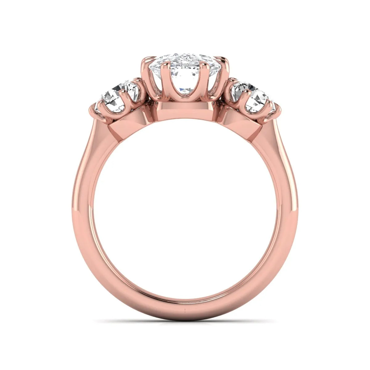 Cushion & Round Three Stone Lab Grown Diamond Engagement Ring featuring a 9.00 × 7.00 mm IGI Certified cushion-cut center diamond with round brilliant side diamonds in rose gold.