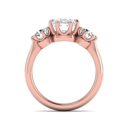 Cushion & Round Three Stone Lab Grown Diamond Engagement Ring featuring a 9.00 × 7.00 mm IGI Certified cushion-cut center diamond with round brilliant side diamonds in rose gold.