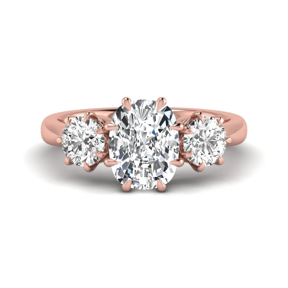 Cushion & Round Three Stone Lab Grown Diamond Engagement Ring featuring a 9.00 × 7.00 mm IGI Certified cushion-cut center diamond with round brilliant side diamonds in rose gold.