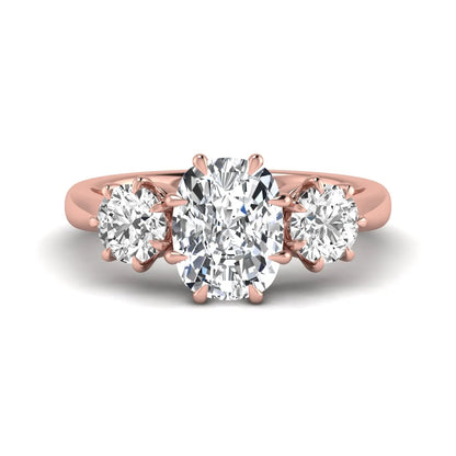 Cushion & Round Three Stone Lab Grown Diamond Engagement Ring featuring a 9.00 × 7.00 mm IGI Certified cushion-cut center diamond with round brilliant side diamonds in rose gold.