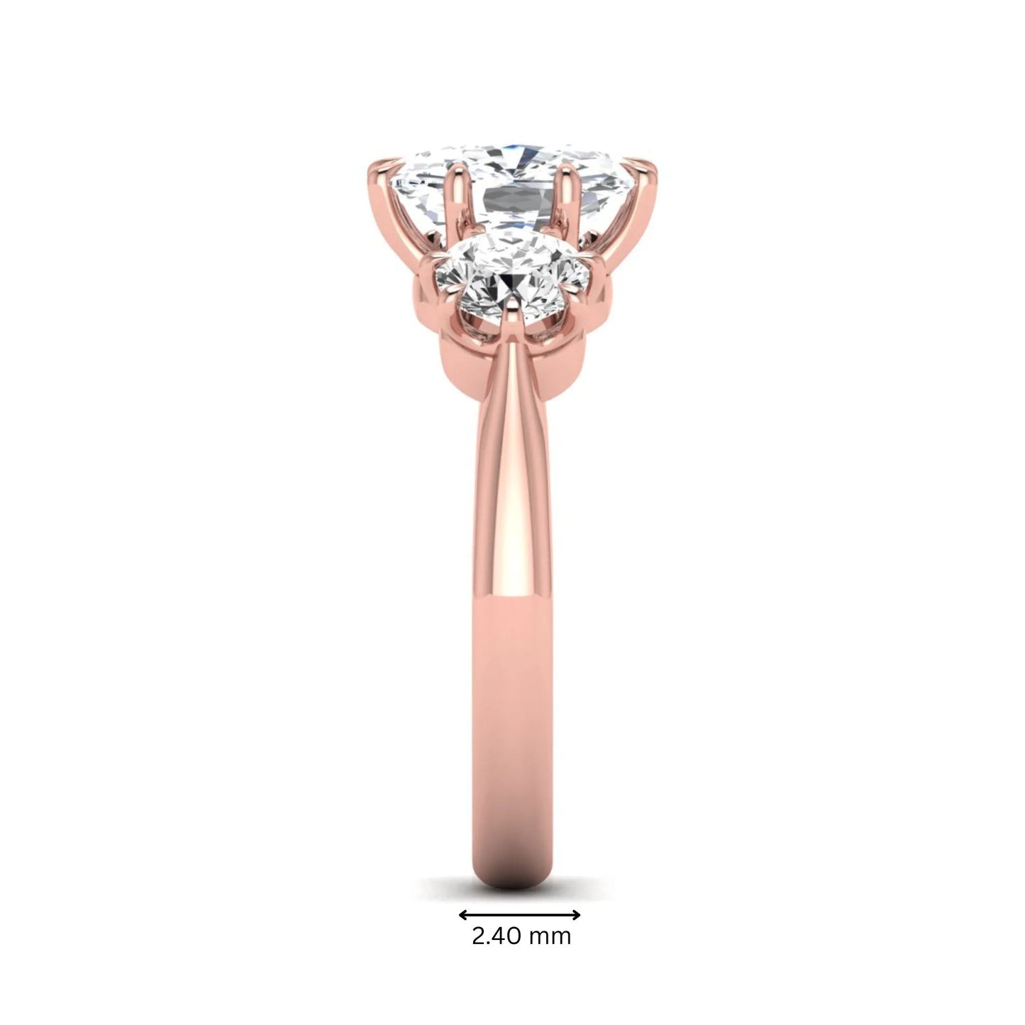 Cushion & Round Three Stone Lab Grown Diamond Engagement Ring featuring a 9.00 × 7.00 mm IGI Certified cushion-cut center diamond with round brilliant side diamonds in rose gold.