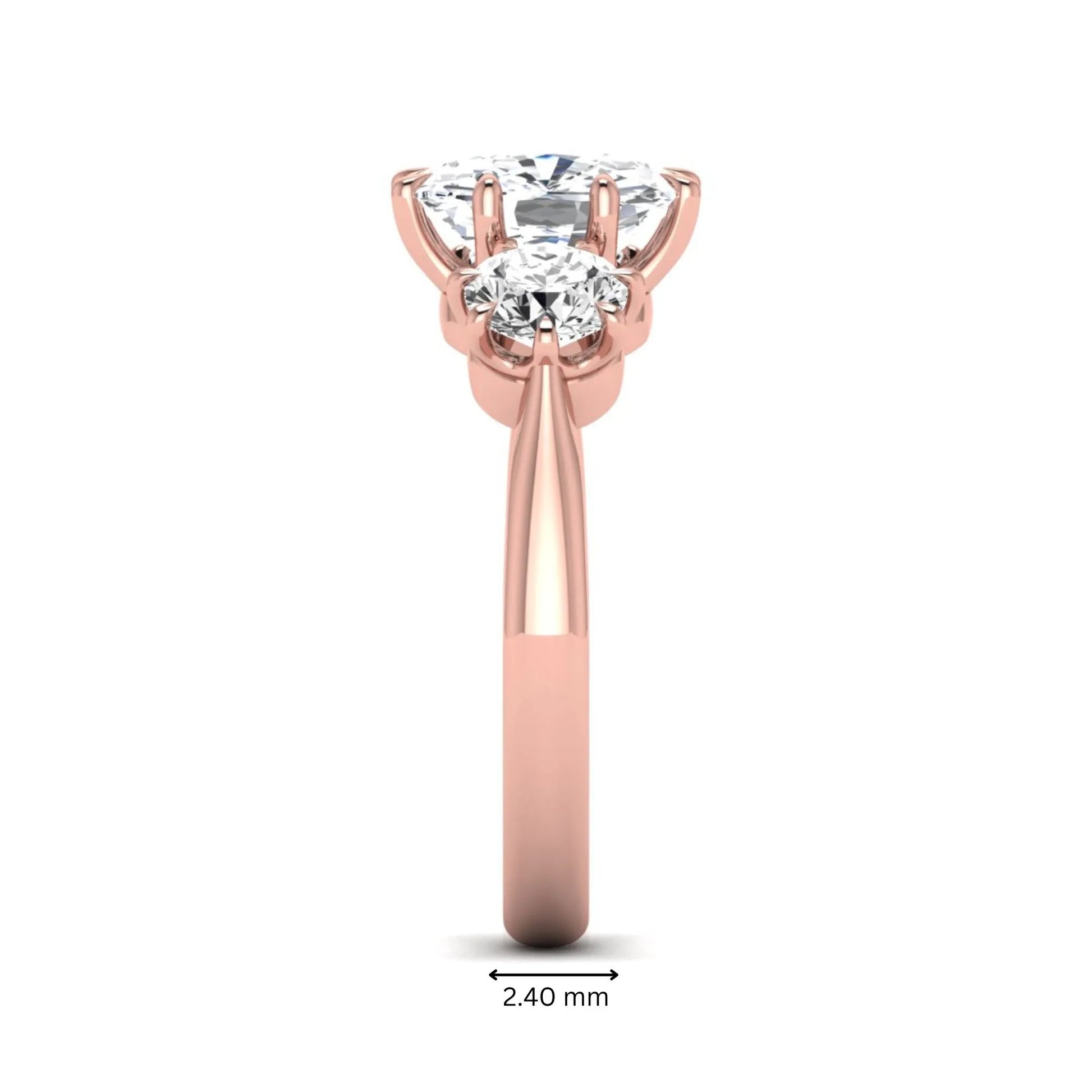 Cushion & Round Three Stone Lab Grown Diamond Engagement Ring featuring a 9.00 × 7.00 mm IGI Certified cushion-cut center diamond with round brilliant side diamonds in rose gold.
