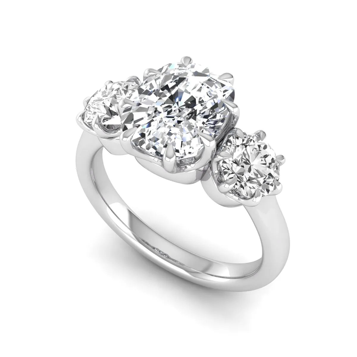 Cushion & Round Three Stone Lab Grown Diamond Engagement Ring featuring a 9.00 × 7.00 mm IGI Certified cushion-cut center diamond with round brilliant side diamonds in white gold.