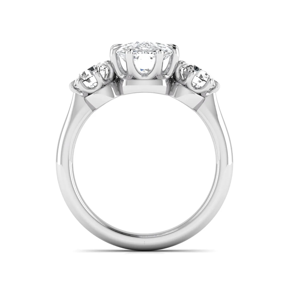 Cushion & Round Three Stone Lab Grown Diamond Engagement Ring featuring a 9.00 × 7.00 mm IGI Certified cushion-cut center diamond with round brilliant side diamonds in white gold.