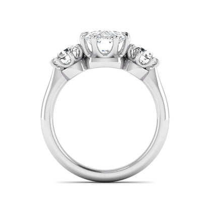 Cushion & Round Three Stone Lab Grown Diamond Engagement Ring featuring a 9.00 × 7.00 mm IGI Certified cushion-cut center diamond with round brilliant side diamonds in white gold.
