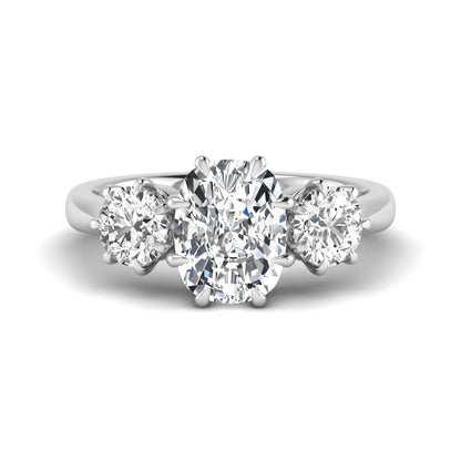 Cushion & Round Three Stone Lab Grown Diamond Engagement Ring featuring a 9.00 × 7.00 mm IGI Certified cushion-cut center diamond with round brilliant side diamonds in white gold.