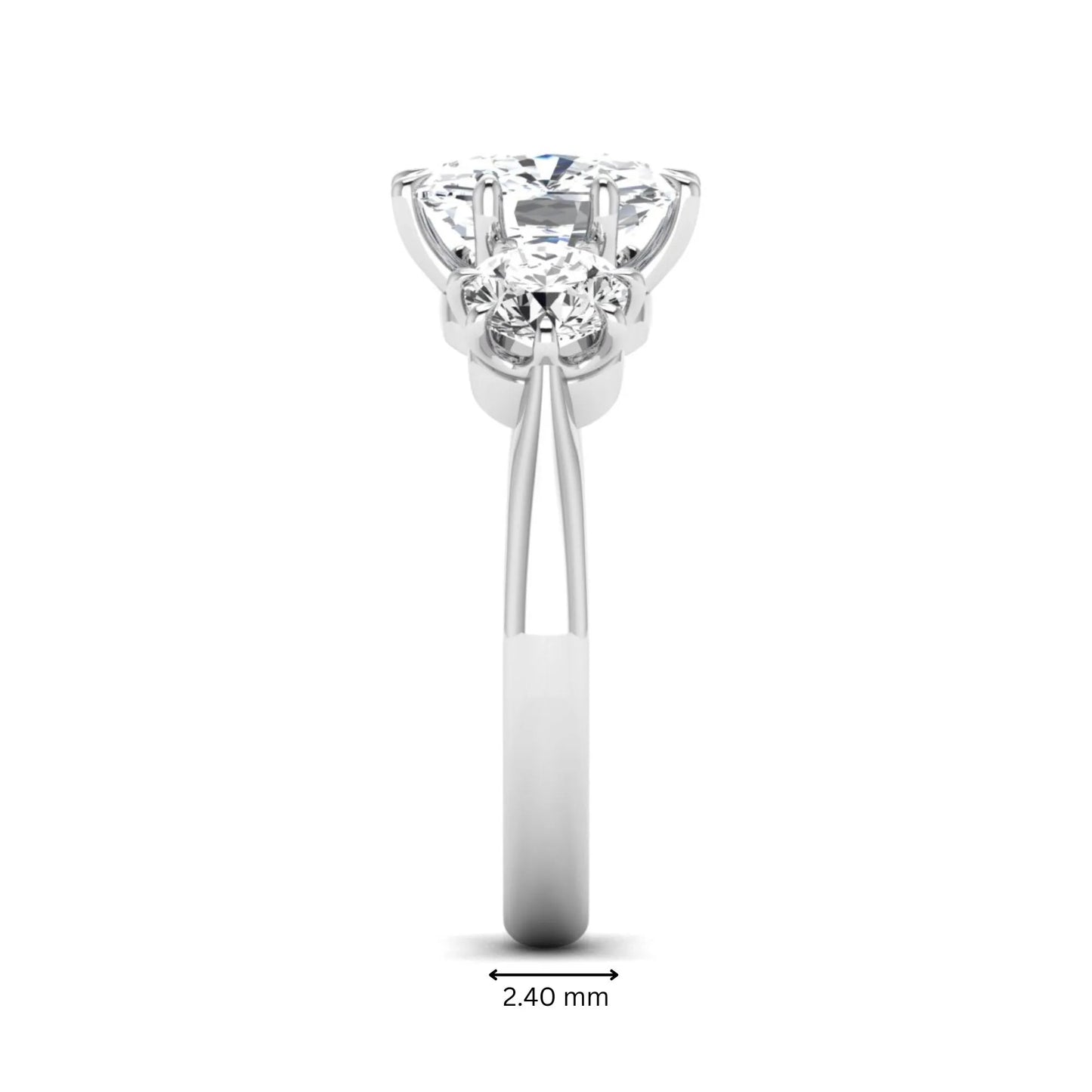 Cushion & Round Three Stone Lab Grown Diamond Engagement Ring featuring a 9.00 × 7.00 mm IGI Certified cushion-cut center diamond with round brilliant side diamonds in white gold.