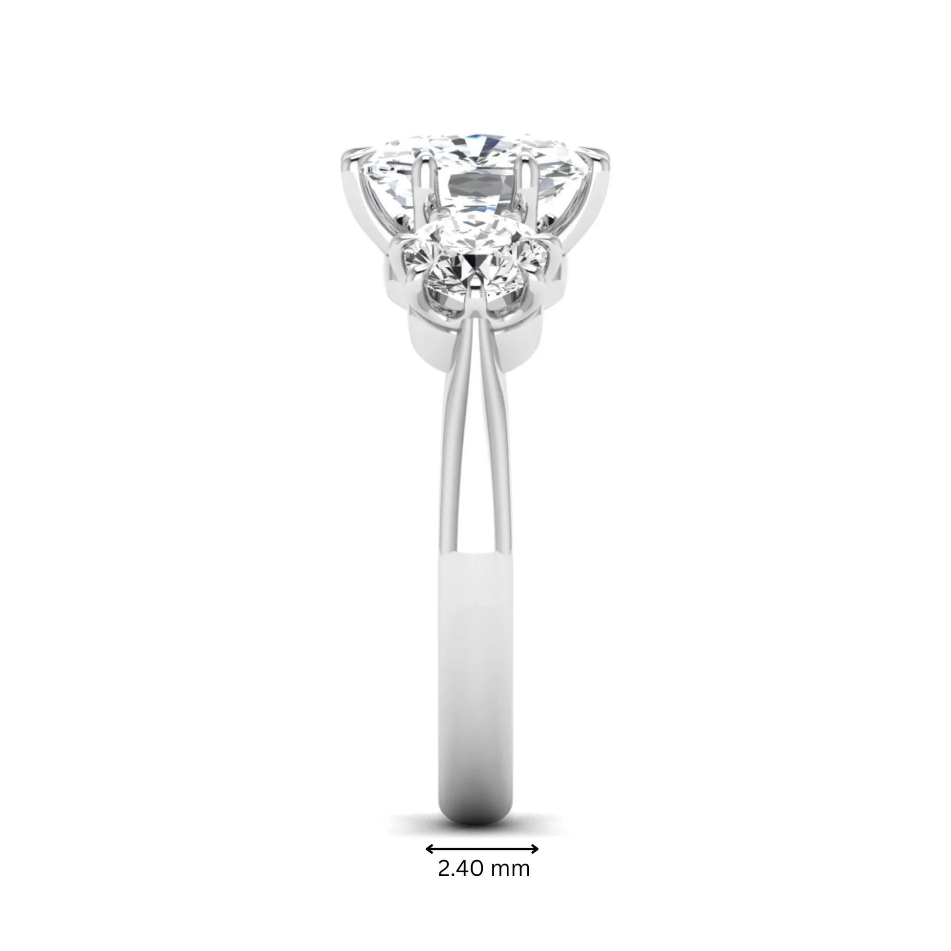 Cushion & Round Three Stone Lab Grown Diamond Engagement Ring featuring a 9.00 × 7.00 mm IGI Certified cushion-cut center diamond with round brilliant side diamonds in white gold.