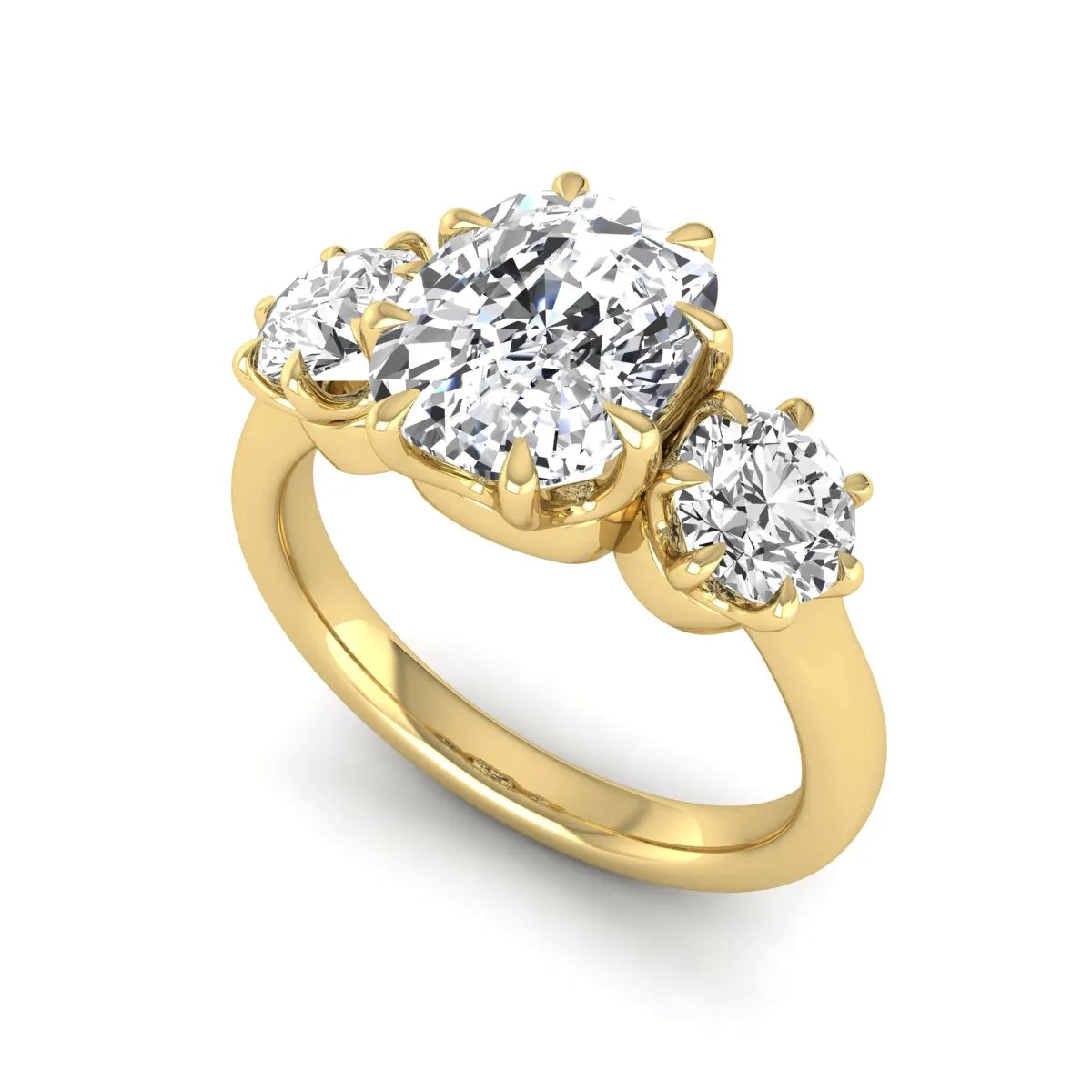 Cushion & Round Three Stone Lab Grown Diamond Engagement Ring featuring a 9.00 × 7.00 mm IGI Certified cushion-cut center diamond with round brilliant side diamonds in yellow gold.