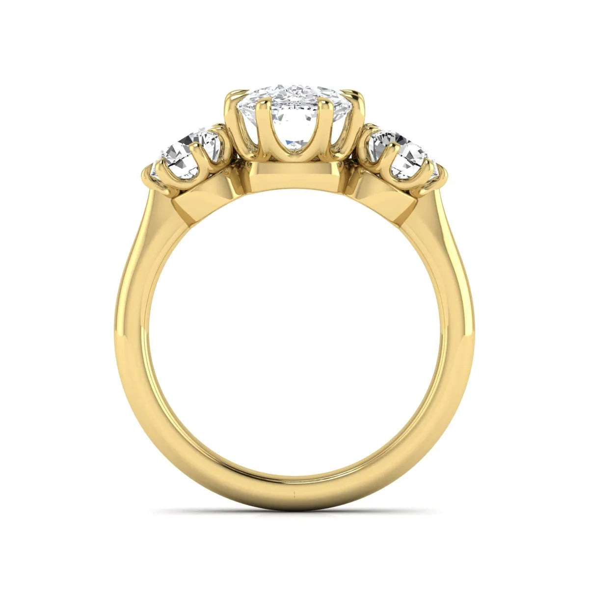 Cushion & Round Three Stone Lab Grown Diamond Engagement Ring featuring a 9.00 × 7.00 mm IGI Certified cushion-cut center diamond with round brilliant side diamonds in yellow gold.
