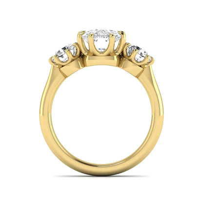 Cushion & Round Three Stone Lab Grown Diamond Engagement Ring featuring a 9.00 × 7.00 mm IGI Certified cushion-cut center diamond with round brilliant side diamonds in yellow gold.