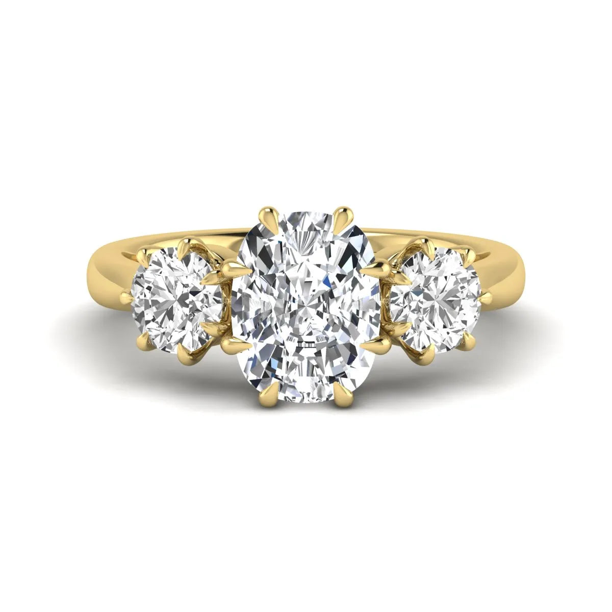 Cushion & Round Three Stone Lab Grown Diamond Engagement Ring featuring a 9.00 × 7.00 mm IGI Certified cushion-cut center diamond with round brilliant side diamonds in yellow gold.