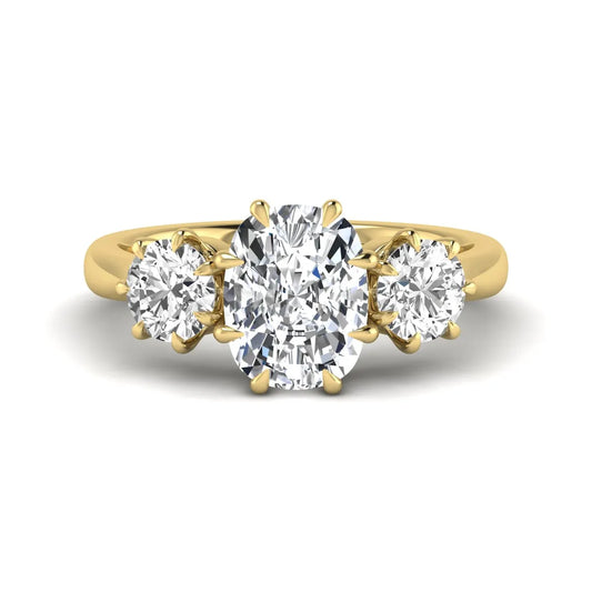 Cushion & Round Three Stone Lab Grown Diamond Engagement Ring featuring a 9.00 × 7.00 mm IGI Certified cushion-cut center diamond with round brilliant side diamonds in yellow gold.