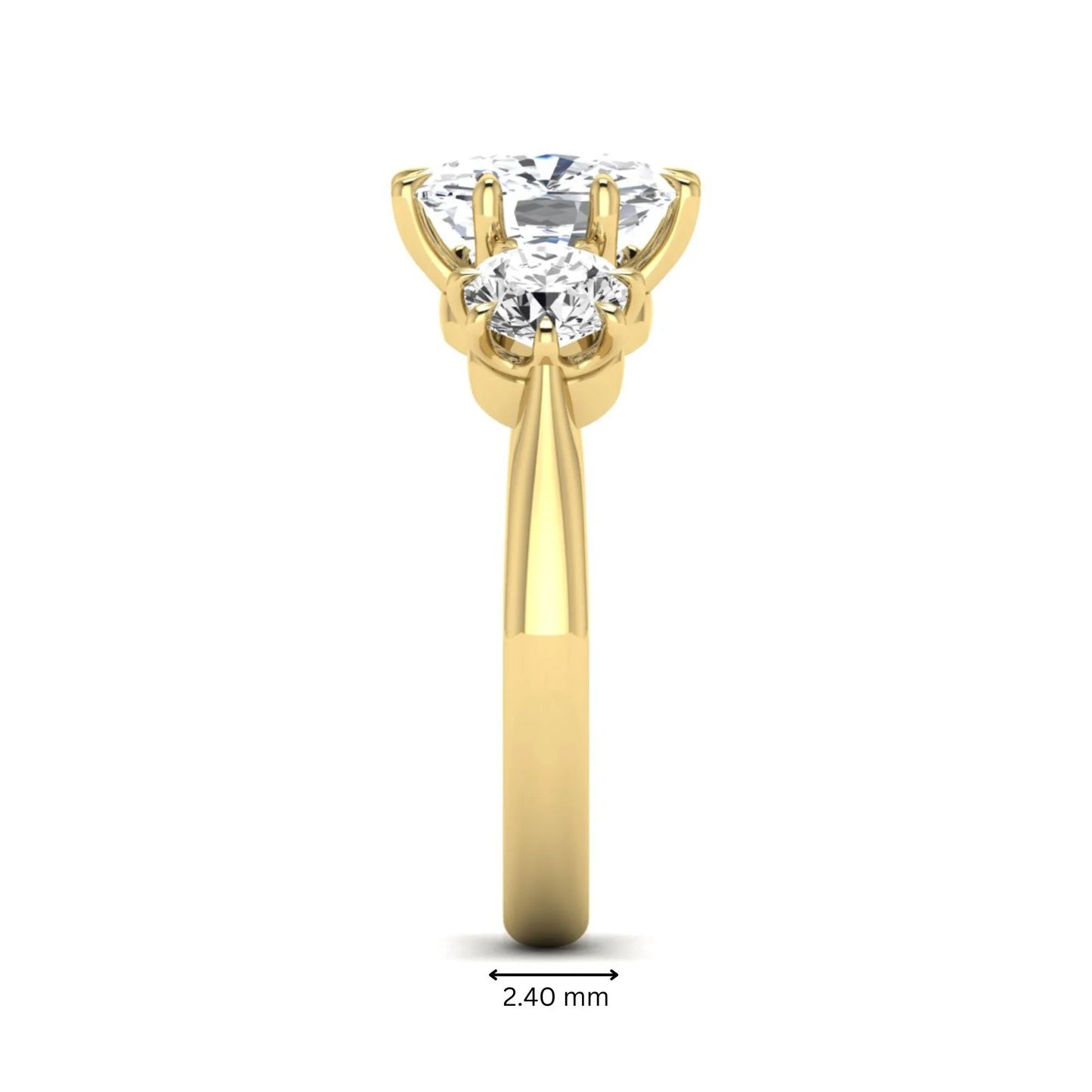 Cushion & Round Three Stone Lab Grown Diamond Engagement Ring featuring a 9.00 × 7.00 mm IGI Certified cushion-cut center diamond with round brilliant side diamonds in yellow gold.