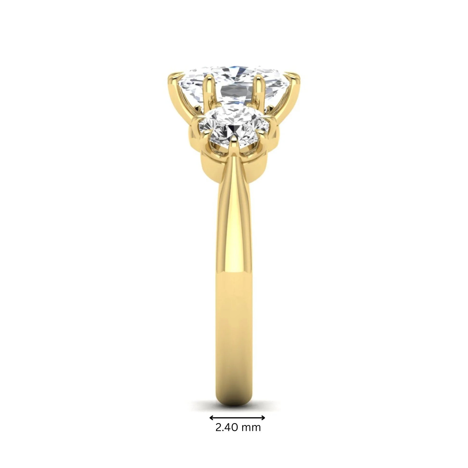 Cushion & Round Three Stone Lab Grown Diamond Engagement Ring featuring a 9.00 × 7.00 mm IGI Certified cushion-cut center diamond with round brilliant side diamonds in yellow gold.