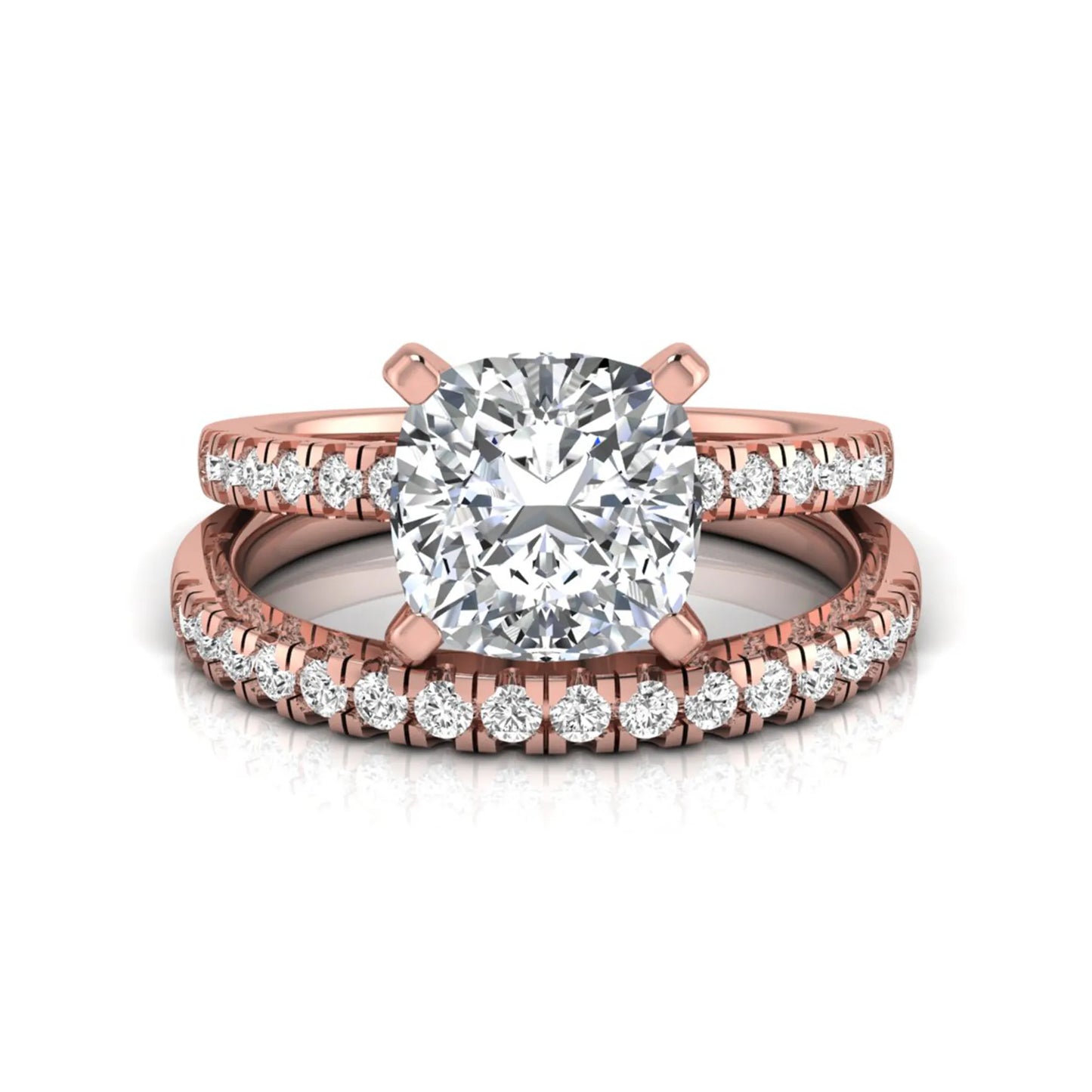 Cushion cut lab grown diamond solitaire engagement ring with matching pavé diamond wedding band in rose gold.