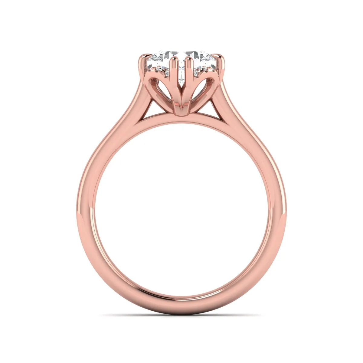 Cushion cut lab grown diamond solitaire engagement ring with double claw prongs, diamond-accented open cathedral gallery, and polished rose gold band.