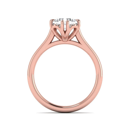 Cushion cut lab grown diamond solitaire engagement ring with double claw prongs, diamond-accented open cathedral gallery, and polished rose gold band.