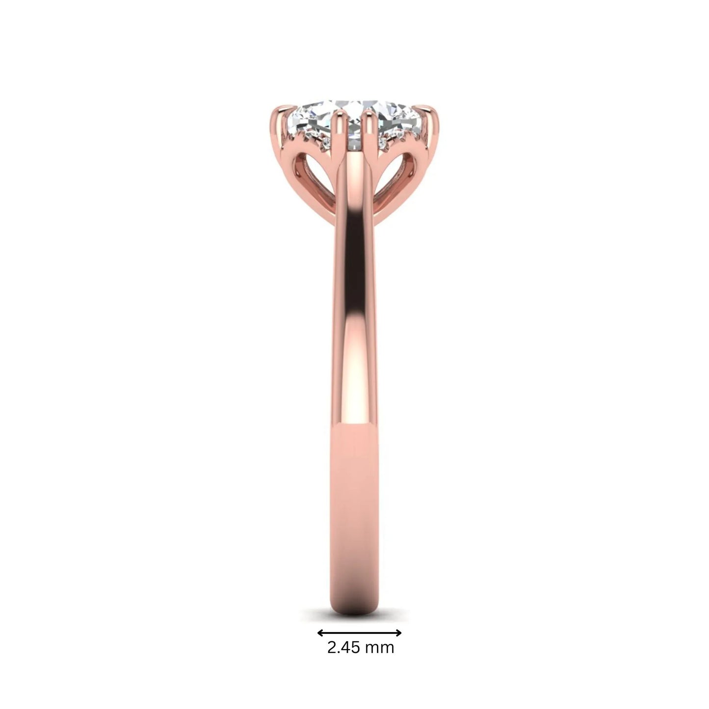 Cushion cut lab grown diamond solitaire engagement ring with double claw prongs, diamond-accented open cathedral gallery, and polished rose gold band.