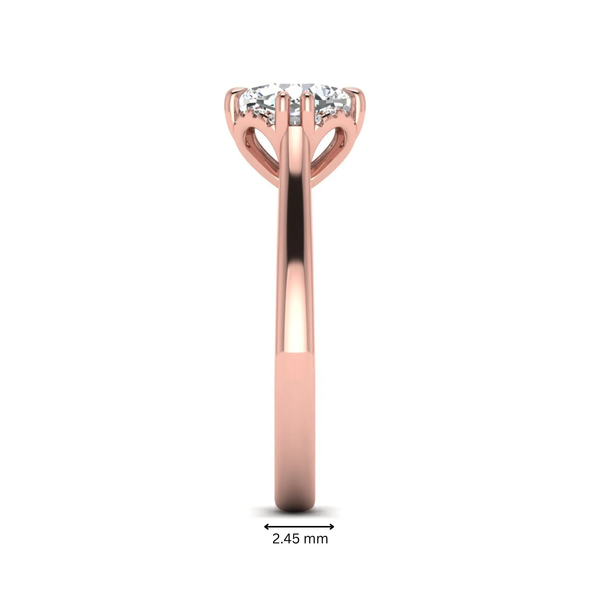 Cushion cut lab grown diamond solitaire engagement ring with double claw prongs, diamond-accented open cathedral gallery, and polished rose gold band.