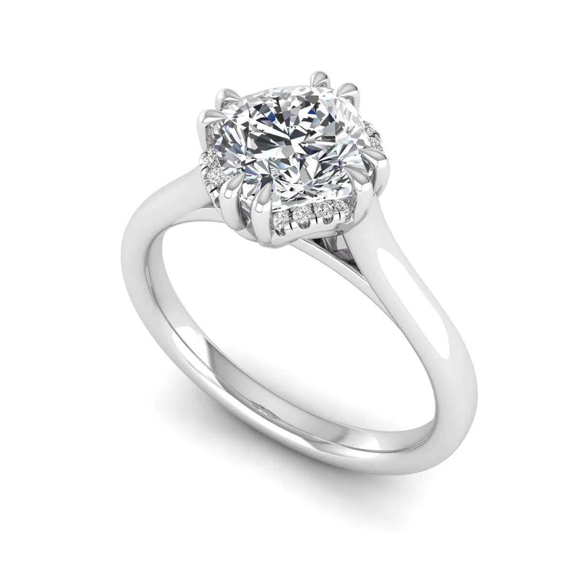 Cushion cut lab grown diamond solitaire engagement ring with double claw prongs, diamond-accented open cathedral gallery, and polished white gold band.