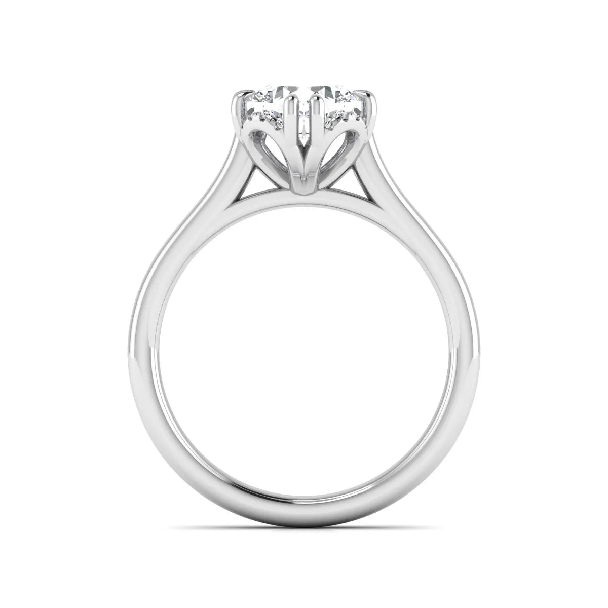 Cushion cut lab grown diamond solitaire engagement ring with double claw prongs, diamond-accented open cathedral gallery, and polished white gold band.