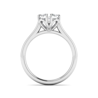 Cushion cut lab grown diamond solitaire engagement ring with double claw prongs, diamond-accented open cathedral gallery, and polished white gold band.