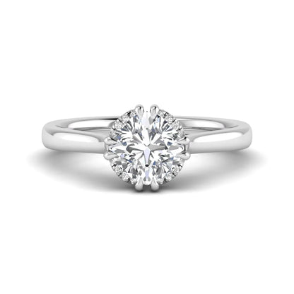 Cushion cut lab grown diamond solitaire engagement ring with double claw prongs, diamond-accented open cathedral gallery, and polished white gold band.