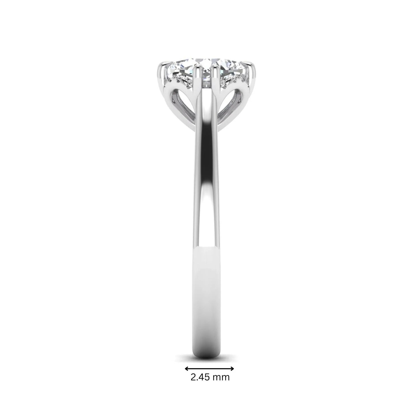 Cushion cut lab grown diamond solitaire engagement ring with double claw prongs, diamond-accented open cathedral gallery, and polished white gold band.