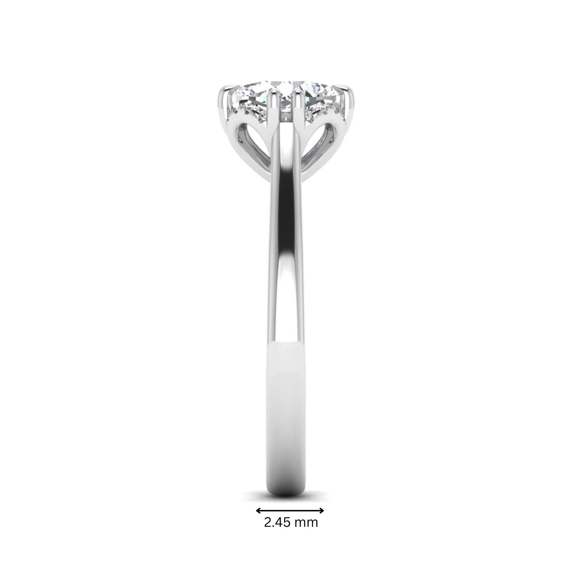 Cushion cut lab grown diamond solitaire engagement ring with double claw prongs, diamond-accented open cathedral gallery, and polished white gold band.