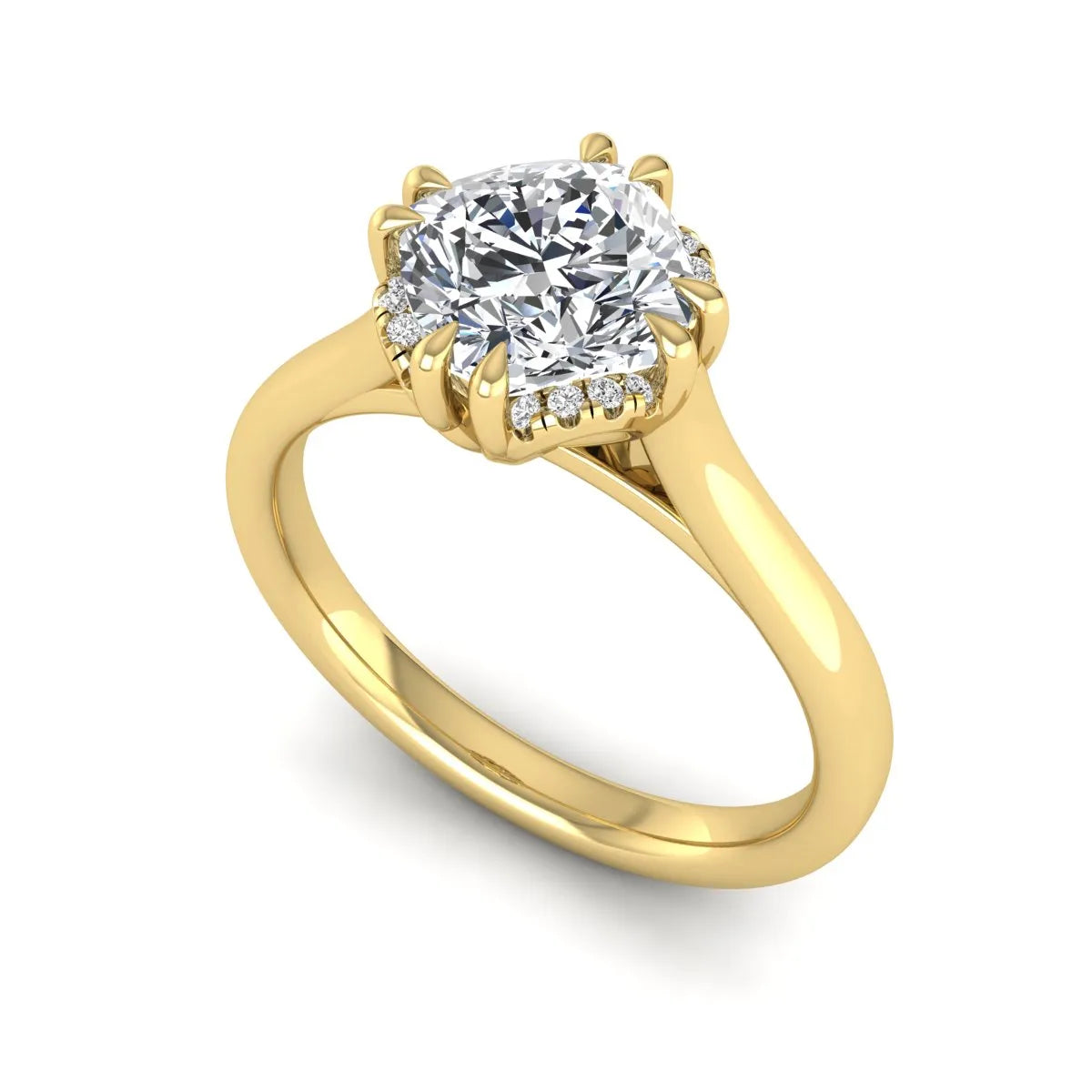 Cushion cut lab grown diamond solitaire engagement ring with double claw prongs, diamond-accented open cathedral gallery, and polished yellow gold band.