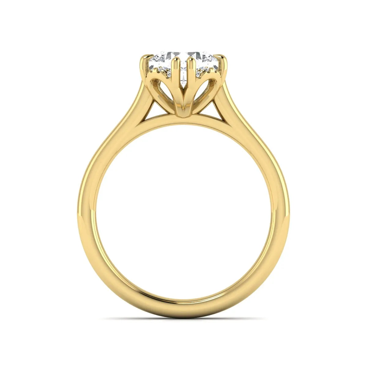 Cushion cut lab grown diamond solitaire engagement ring with double claw prongs, diamond-accented open cathedral gallery, and polished yellow gold band.