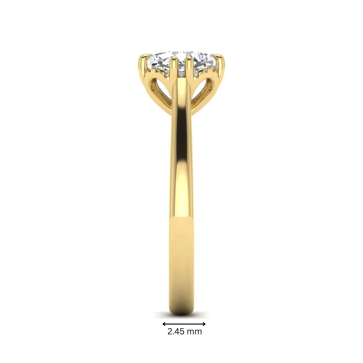 Cushion cut lab grown diamond solitaire engagement ring with double claw prongs, diamond-accented open cathedral gallery, and polished yellow gold band.