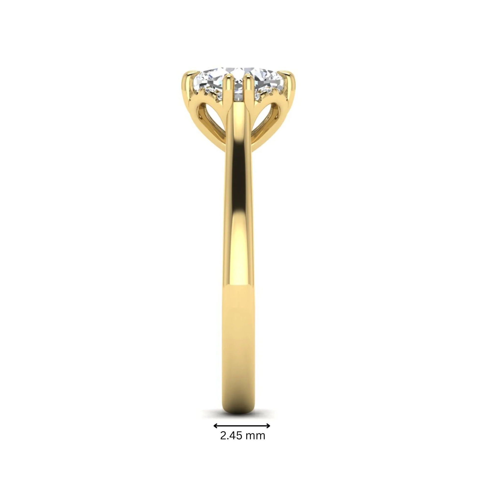 Cushion cut lab grown diamond solitaire engagement ring with double claw prongs, diamond-accented open cathedral gallery, and polished yellow gold band.