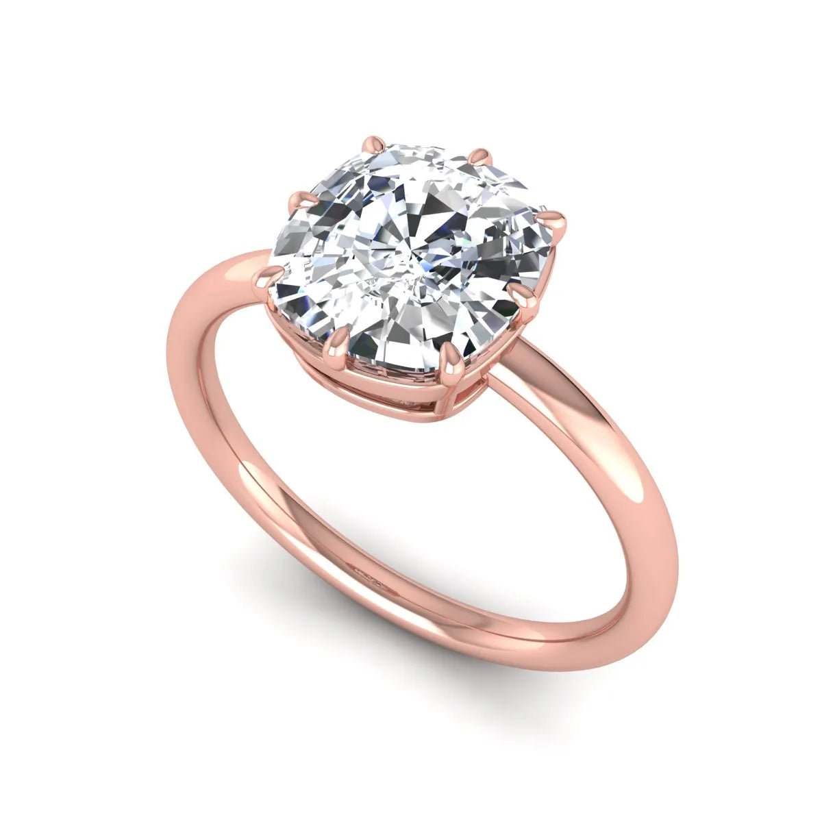 Cushion cut lab grown diamond solitaire engagement ring featuring an eight-prong setting with a polished rose gold band.