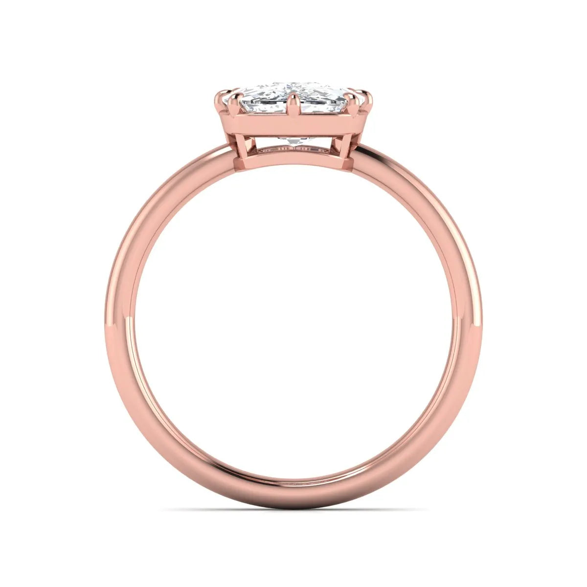 Cushion cut lab grown diamond solitaire engagement ring featuring an eight-prong setting with a polished rose gold band.