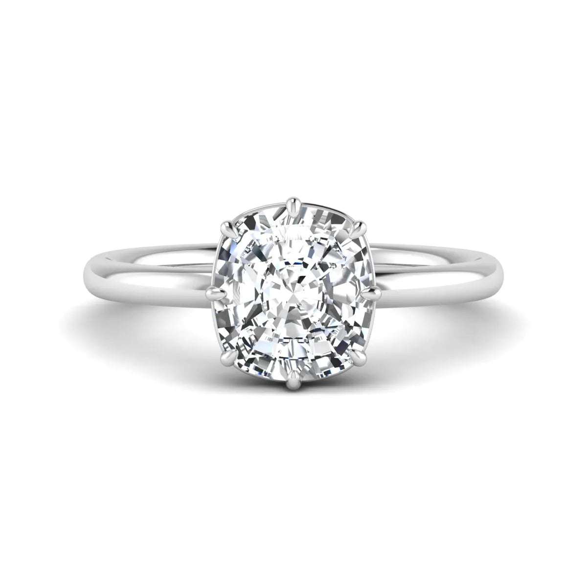 Cushion cut lab grown diamond solitaire engagement ring featuring an eight-prong setting with a polished white gold band.