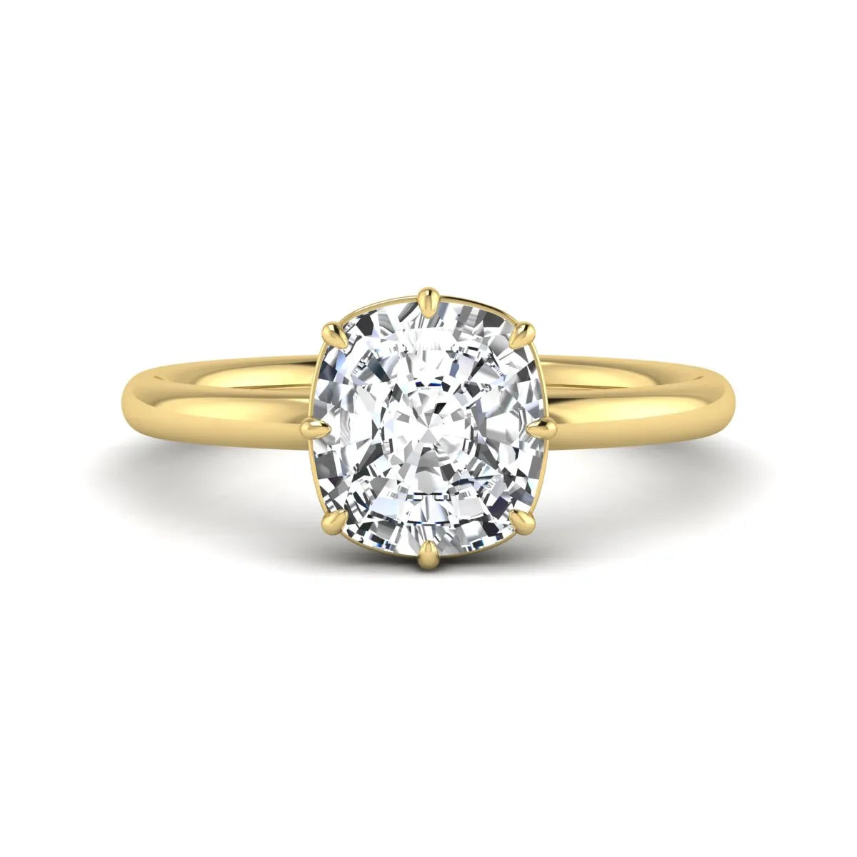 Cushion cut lab grown diamond solitaire engagement ring featuring an eight-prong setting with a polished yellow gold band.