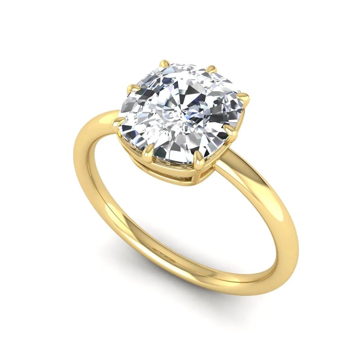 Cushion cut lab grown diamond solitaire engagement ring featuring an eight-prong setting with a polished yellow gold band.